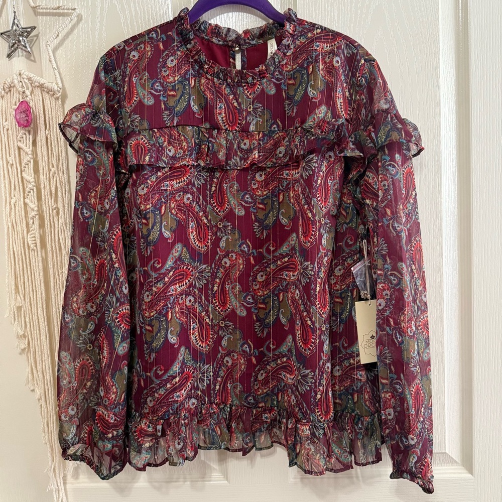 NWT Deep Burgundy Ruffled Blouse with Puff Sleeves and Mandarin Collar Size 1X